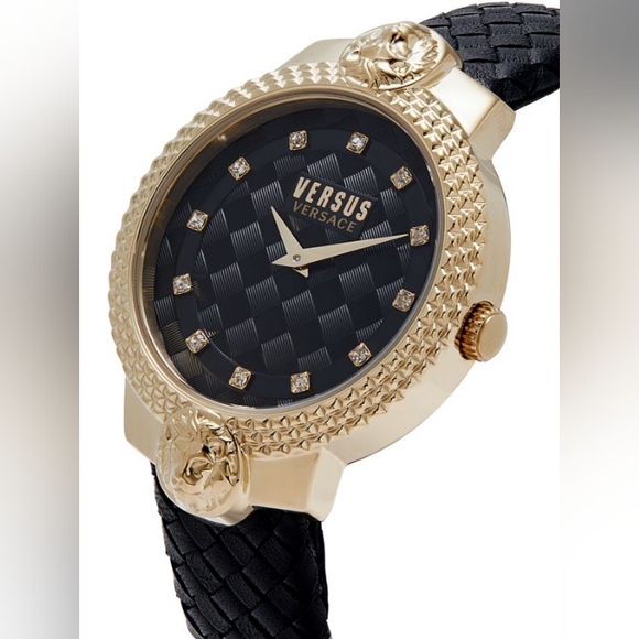 Versace Versus Lion Medallion Swarovski Crystal Woven Black Leather Strap Watch - Picture 6 of 15